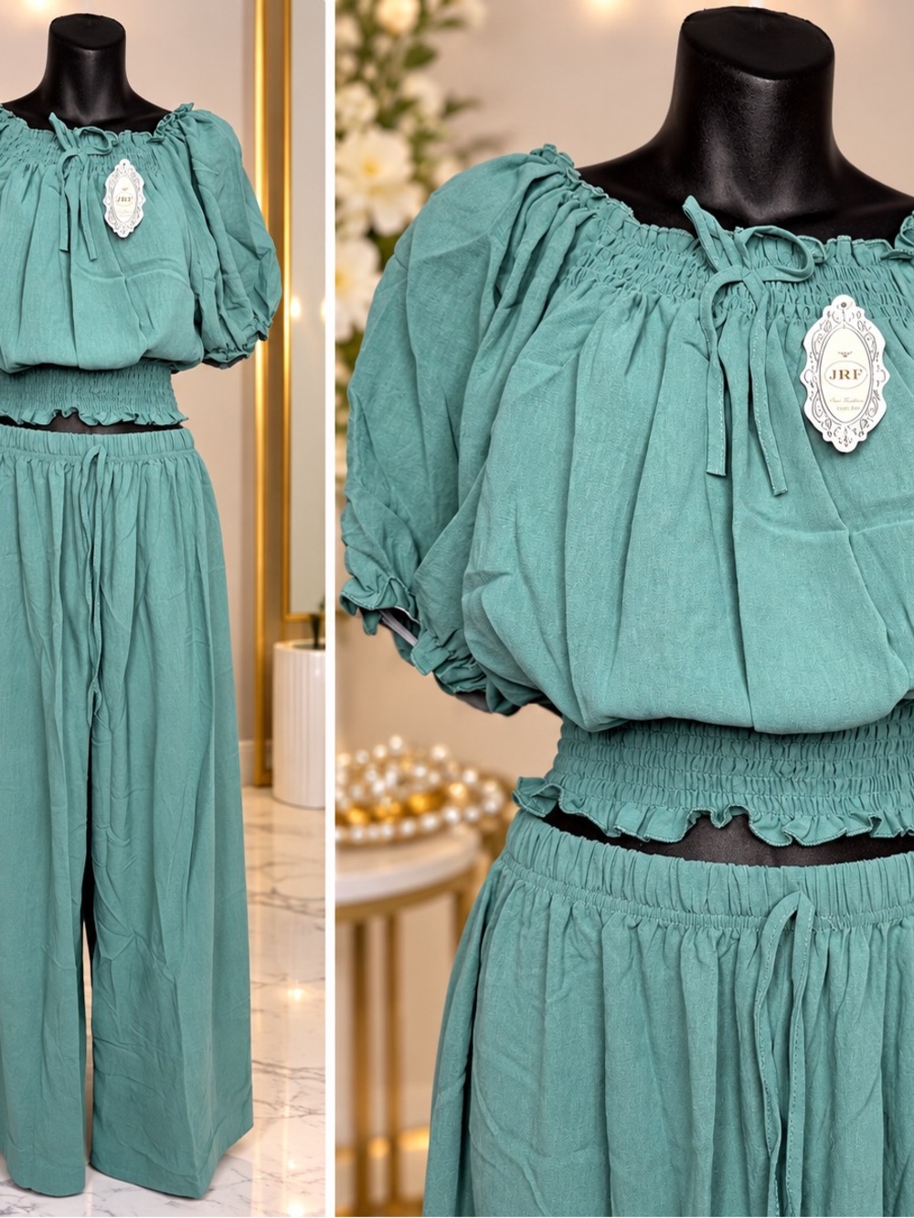 Women's Teal Smocked Cropped Top & Wide-Leg Pants Set runs big L-XXL